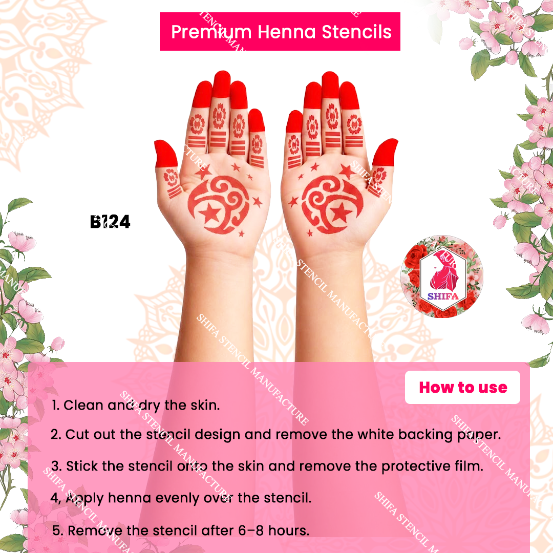 B124 (age 5 to 10) Starlit Crescent Charm double hand Henna Stencil